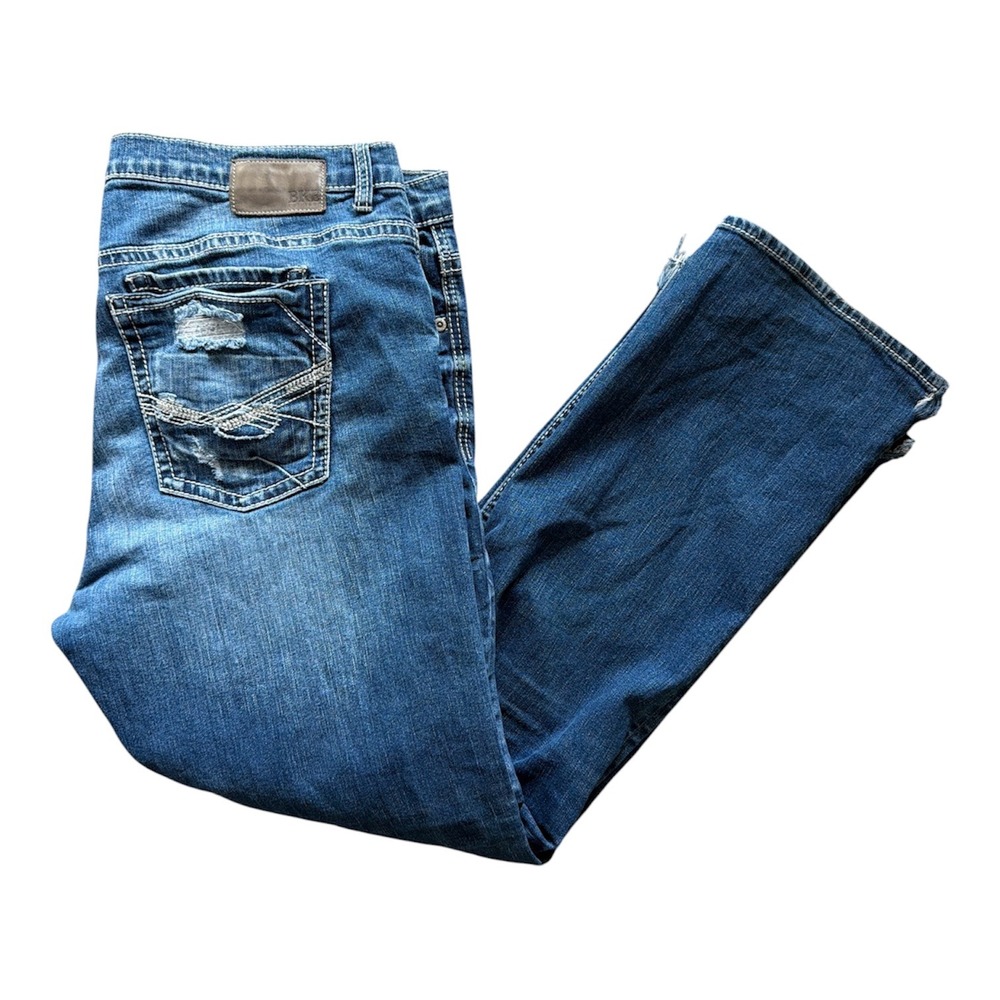 BKE Tyler‎ Straight Jeans Mens 40x32 Blue Distressed Destroyed FNC23224